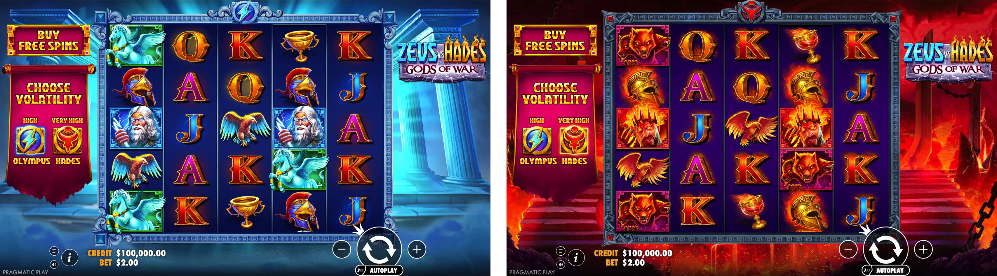 Visualização dos dois modos de jogo, Zeus e Hades